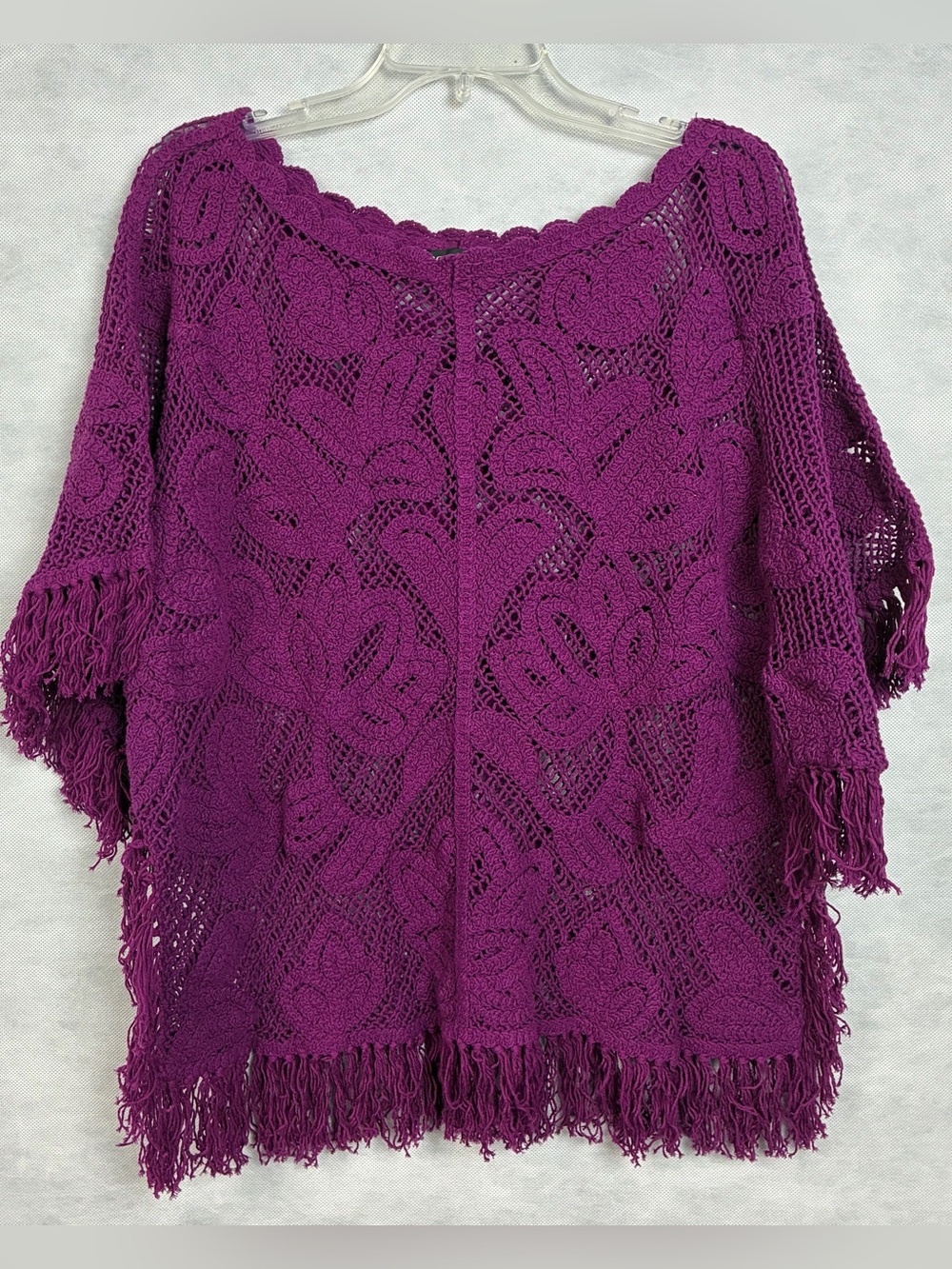 Boston Proper Womens M/L Crochet Slouchy Fringe Poncho Top Purple Boho Festival
